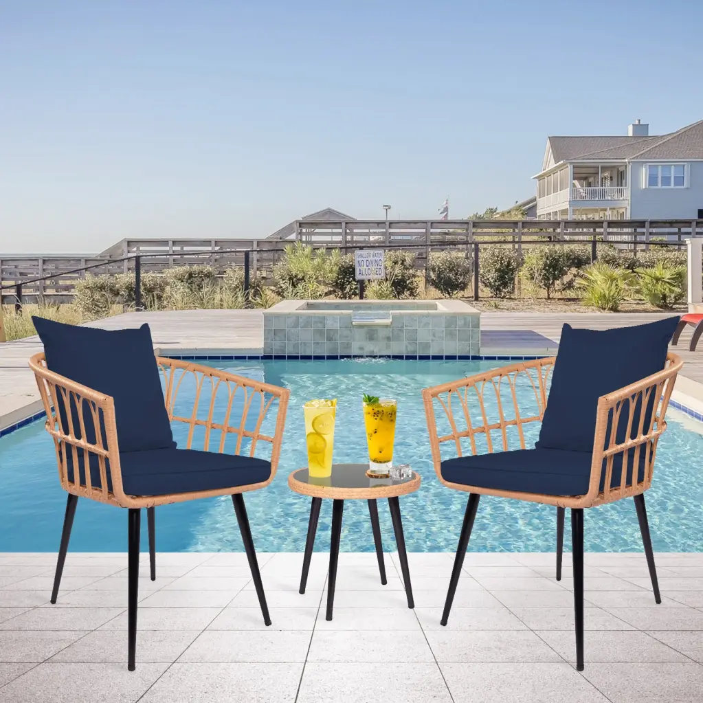 3 Piece Patio Bistro Set Side Table Outdoor PE Rattan Conversation Set koruiten