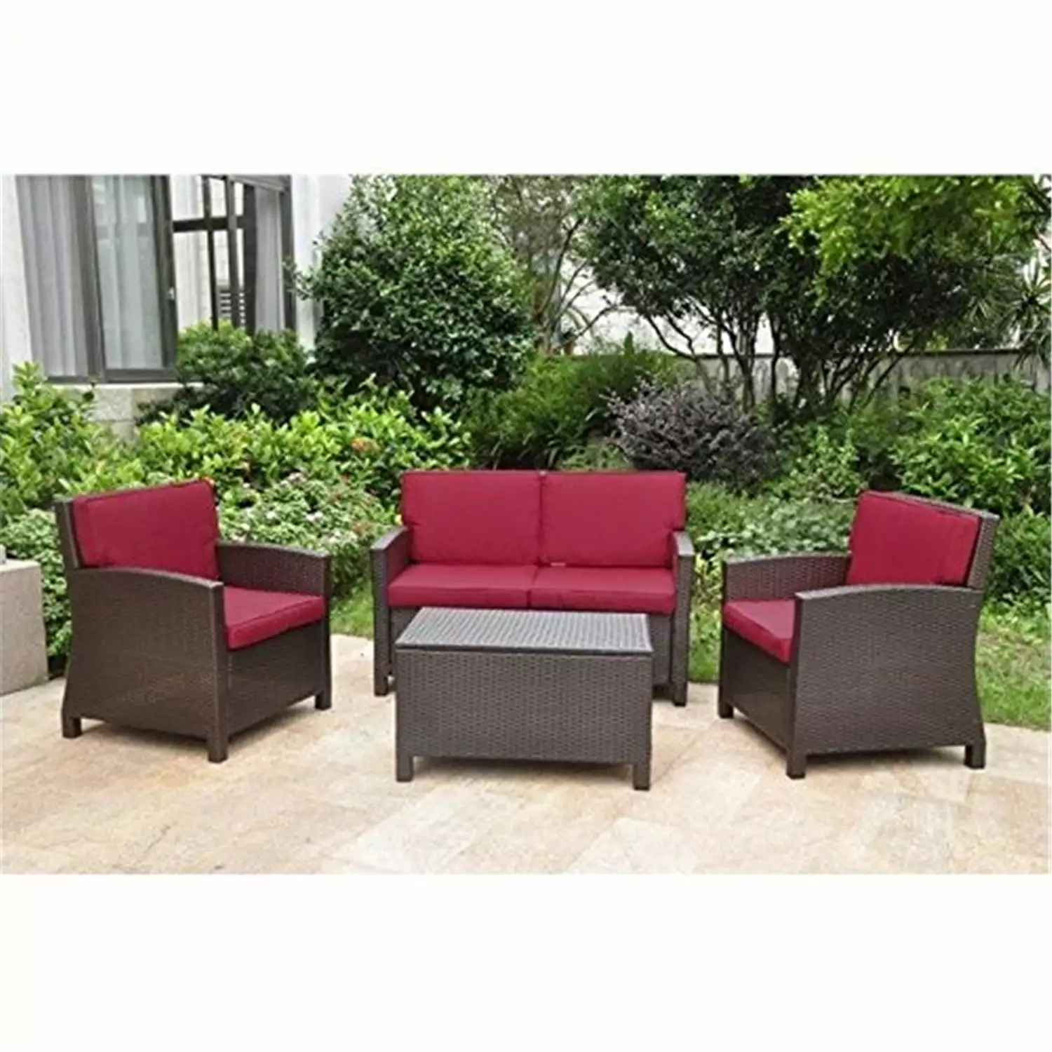 Maykoosh Resin Wicker Steel Settee Group Comfortable Cushions