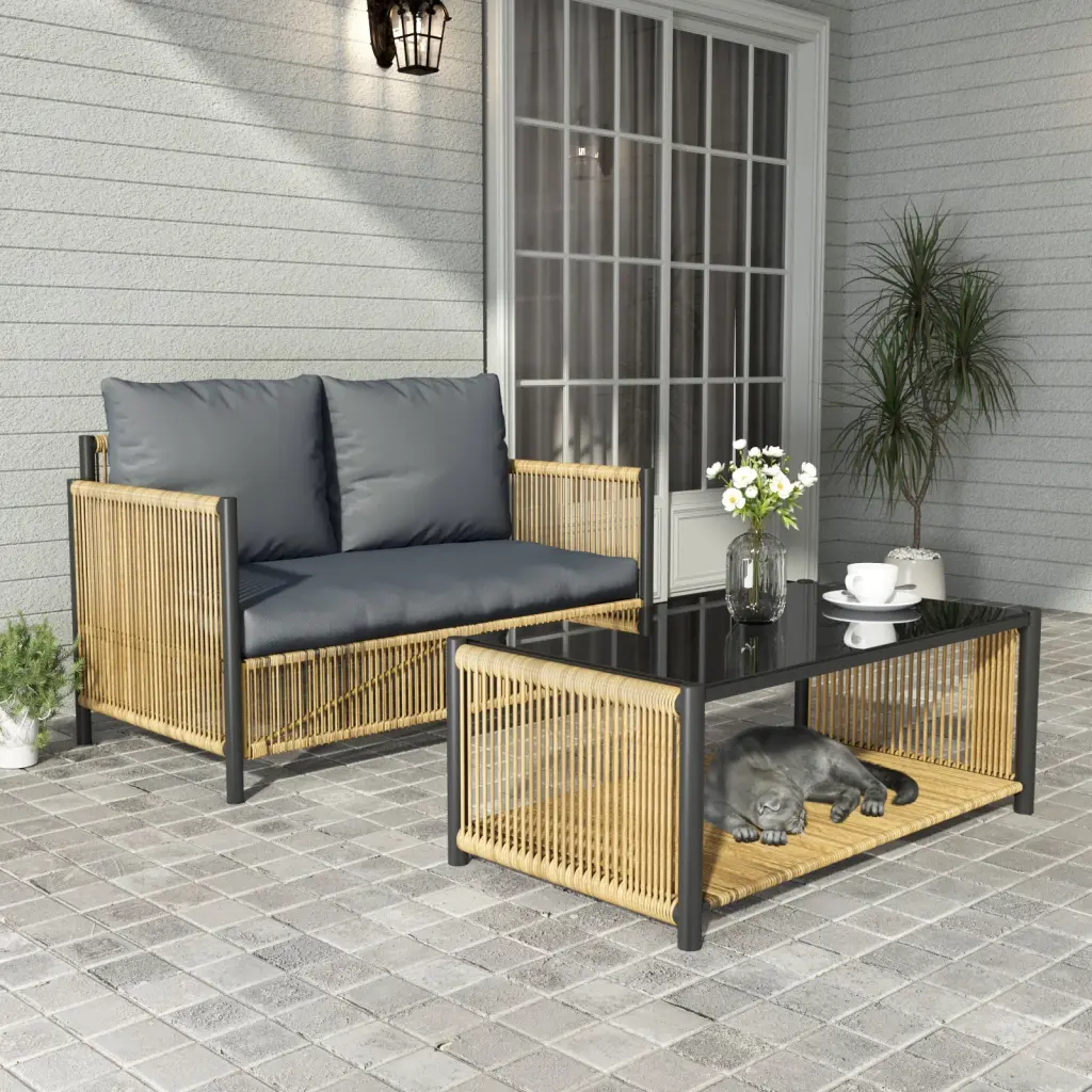 Comming Outdoor PE Brown Wicker 2 Seats Sofa Grey Cushion And Table ipro outdoor furniture