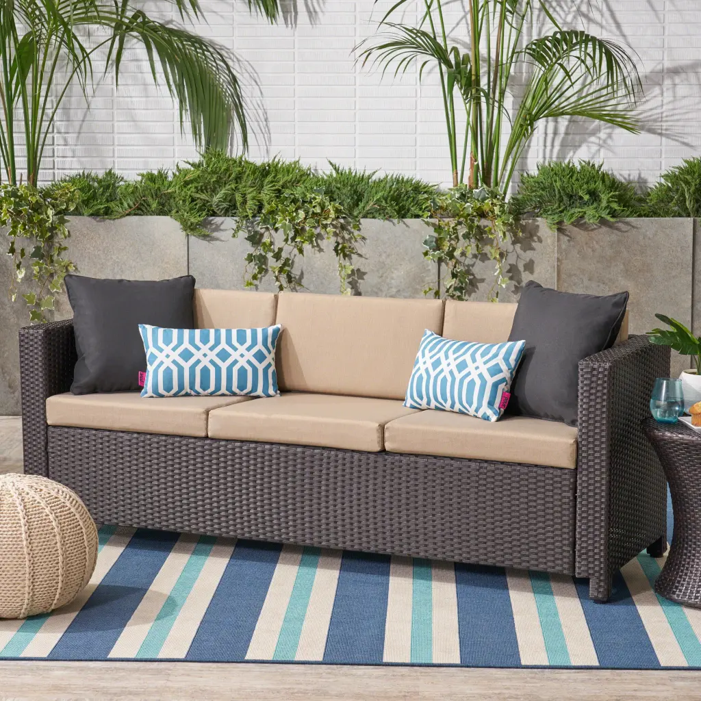 Puerta 3 Seater Brown Beige PE Rattan Iron Sofa nh-perfect home