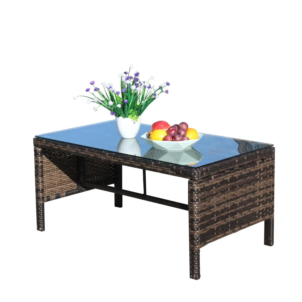 Outdoor Patio Furniture Coffee Table Clear Tempered Glass Brown rattan furniture