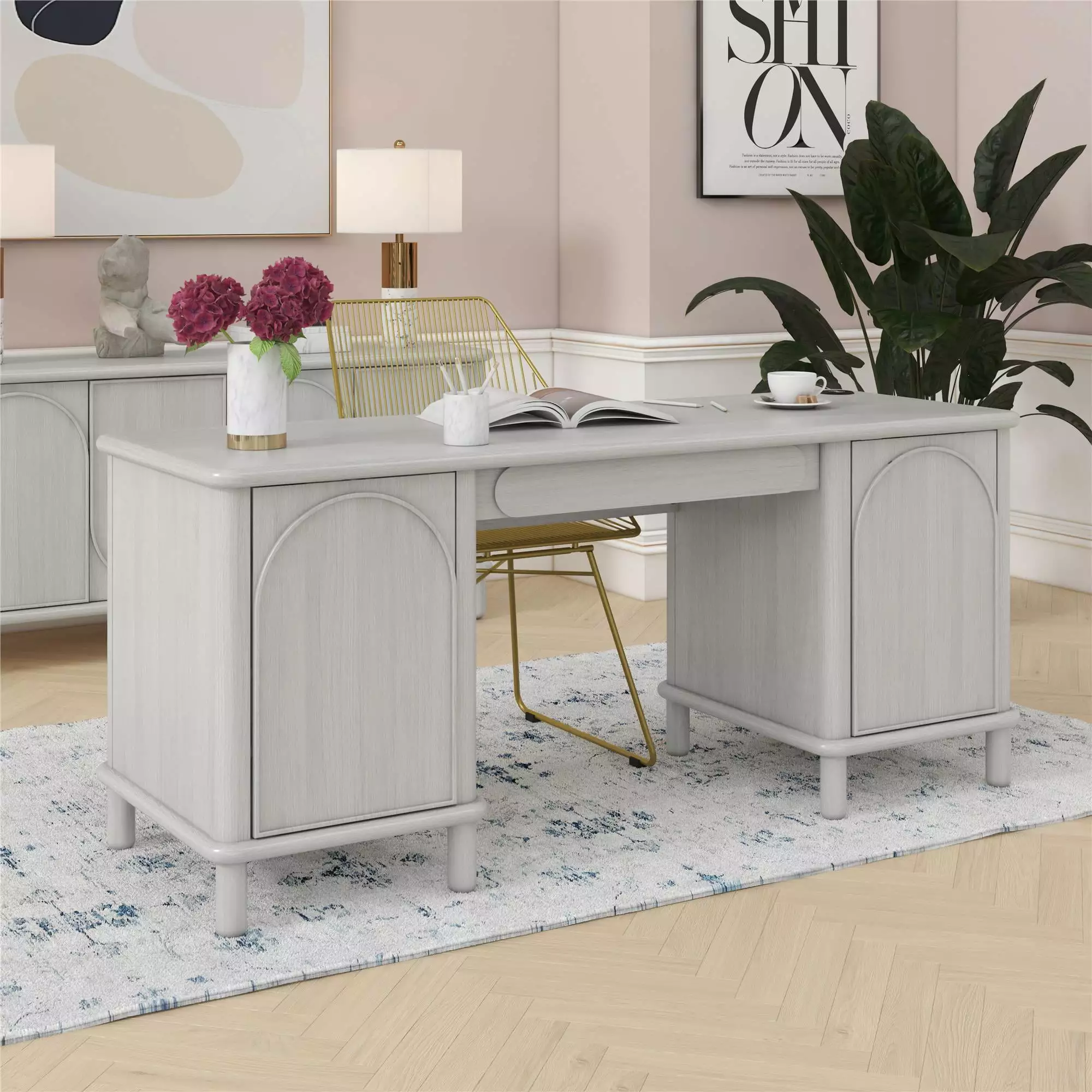 Selena Double Pedestal Desk Rustic White Office Writing Table CosmoLiving by Cosmopolitan