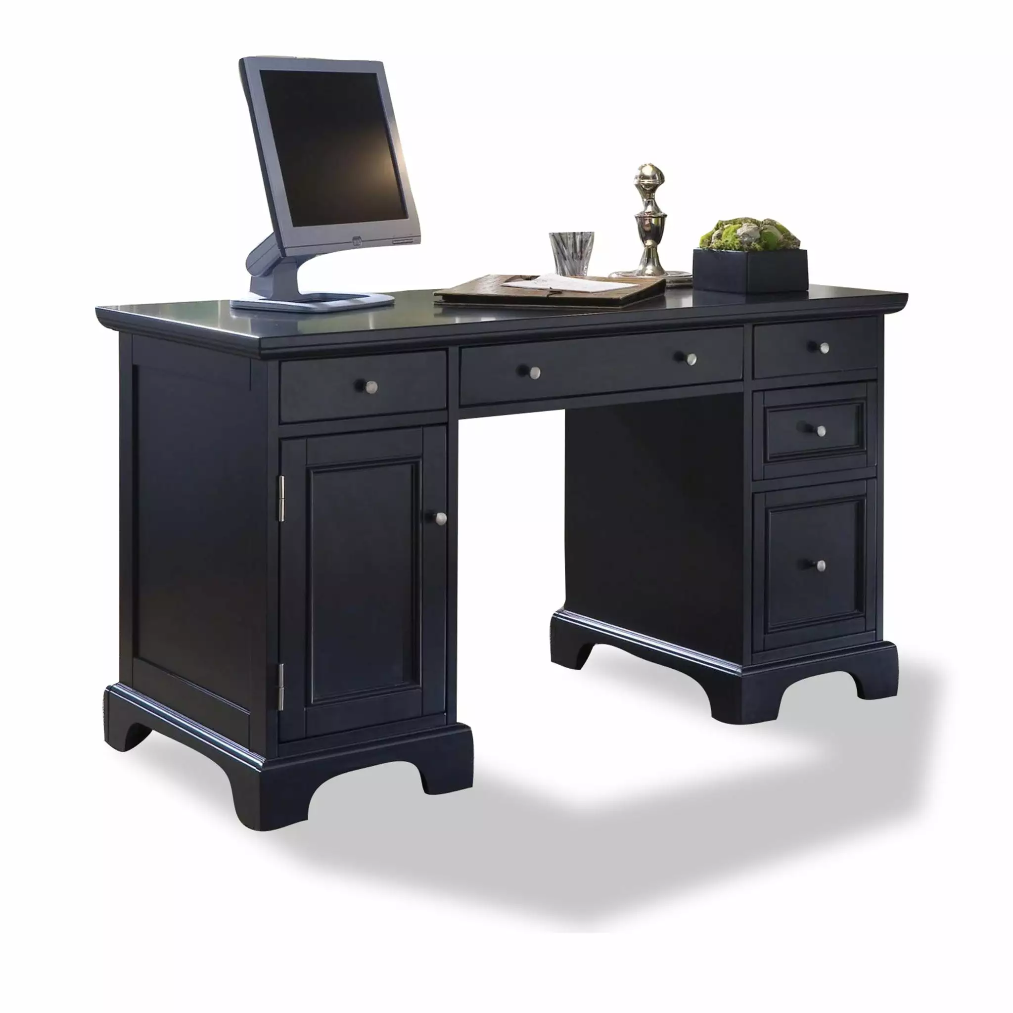 Homestyles Bedford Wood Pedestal Desk Black - Classic Office Desk Storage