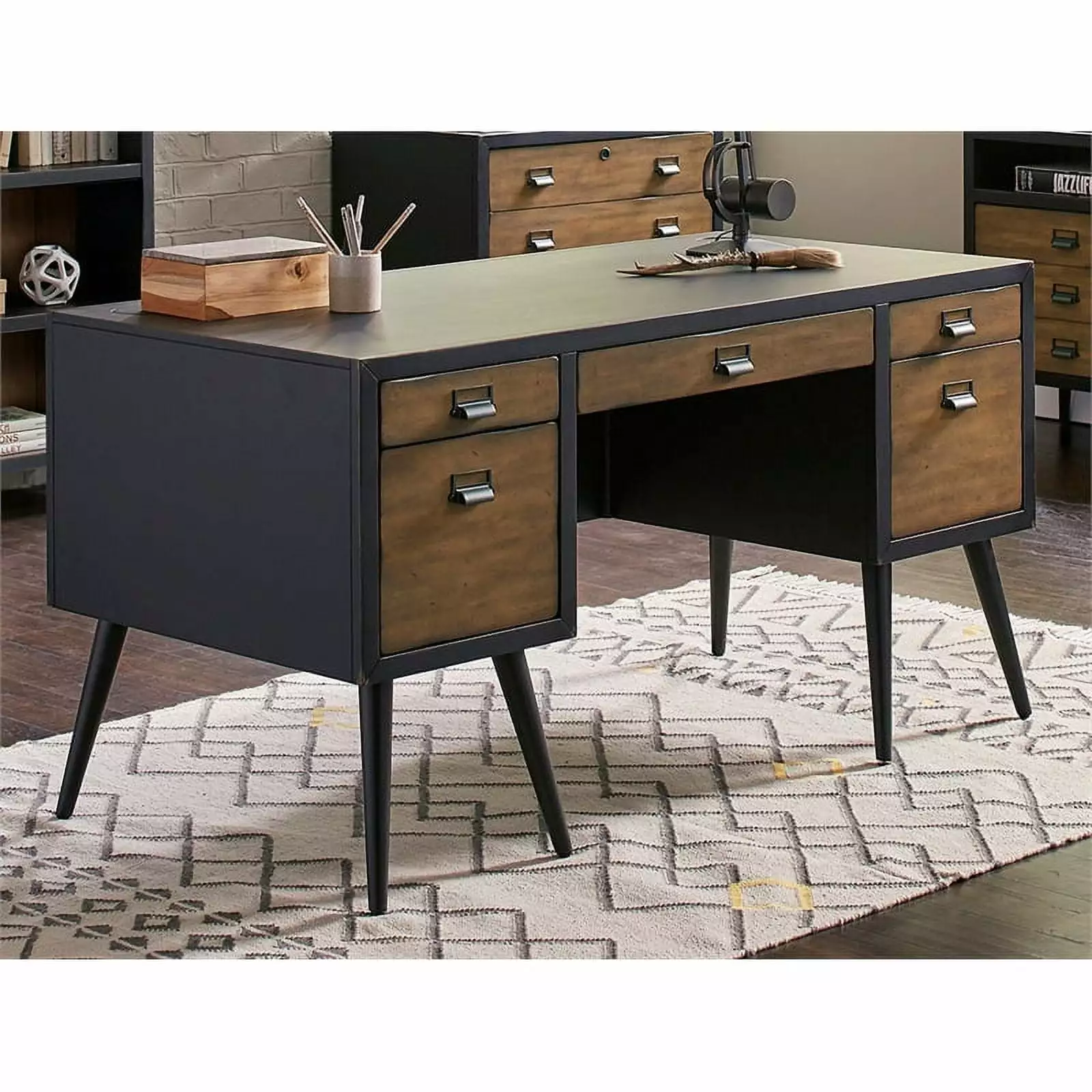 Mid-Century Half Pedestal Executive Desk Black Wood - Fully Assembled Office Desk Martin Furniture