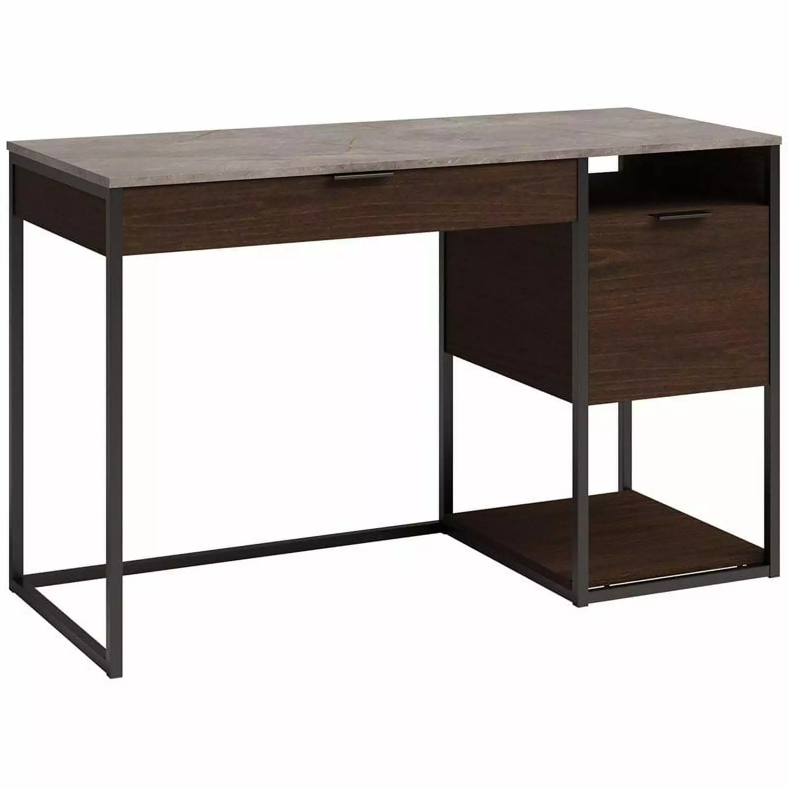 Pemberly Row Single Pedestal Desk Umber Wood Deco Stone Accent Home Office