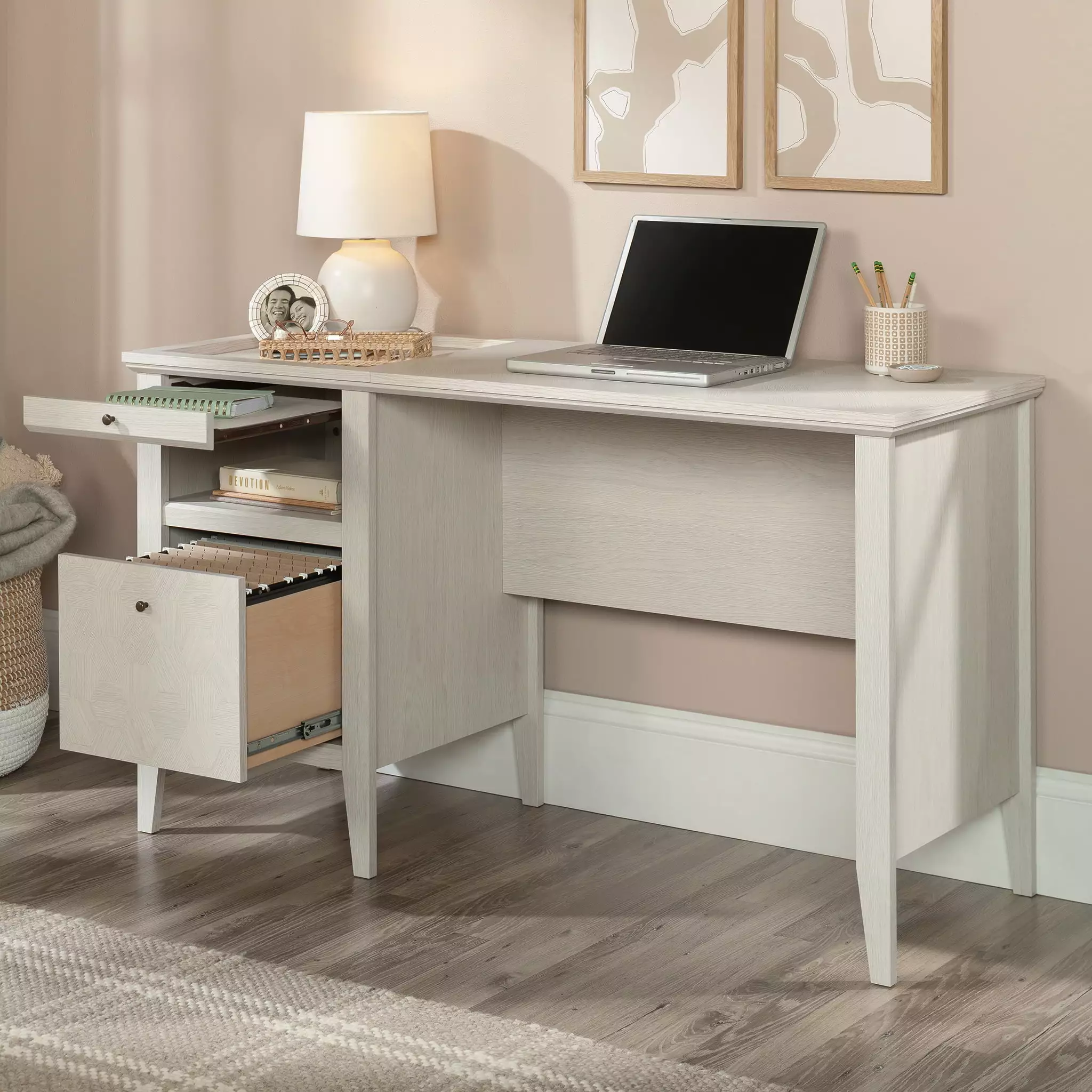 Sauder Larkin Ledge Single Pedestal Desk Drawer Glacier Oak Finish - Compact Office Desk