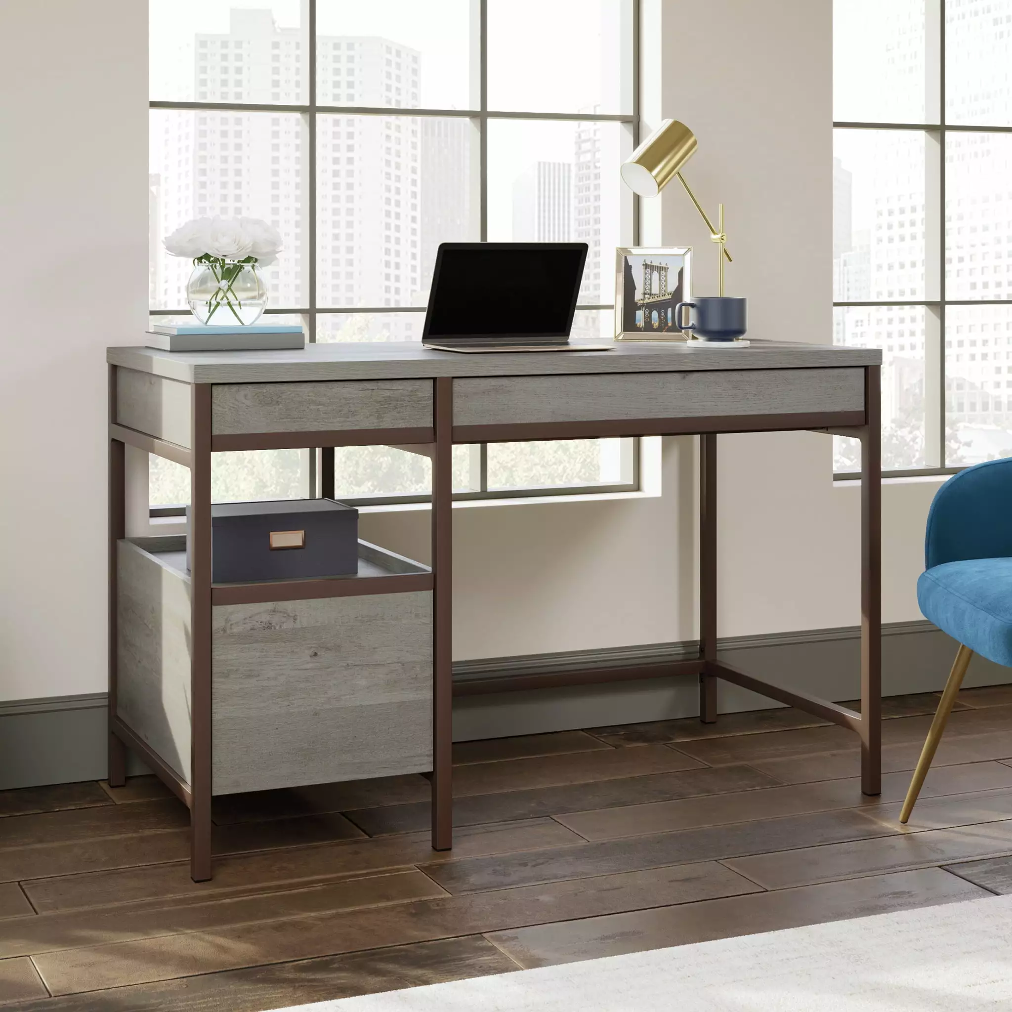 Sauder Manhattan Gate Single Pedestal Desk Mystic Oak Finish Professional Office