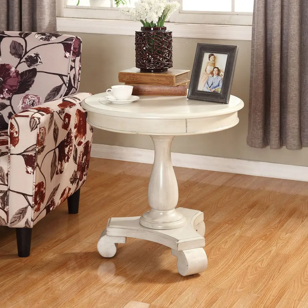 Rene Round Wood Pedestal Side Table White Finish hz