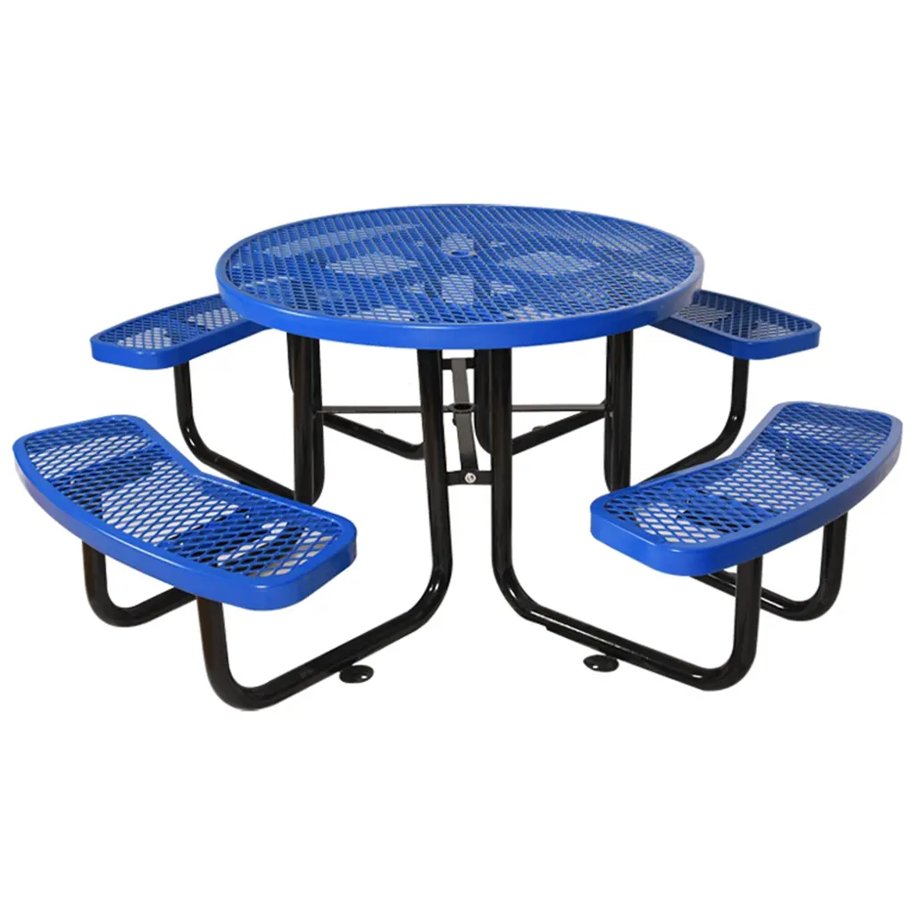 Round Outdoor Steel Picnic Table 46 Inch Blue Umbrella Pole g-h