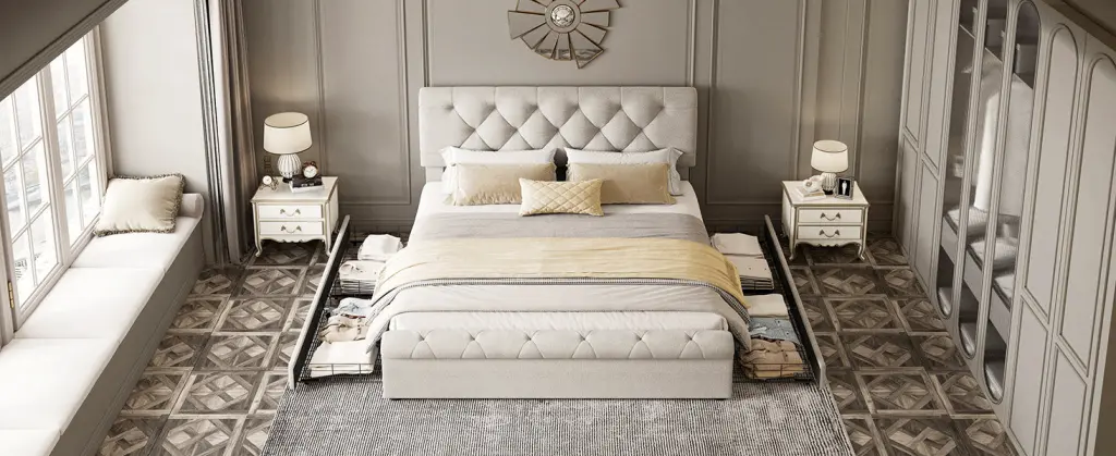 Full Size Upholstered Platform Bed Four Drawers Antique Curved Headboard artistry at home
