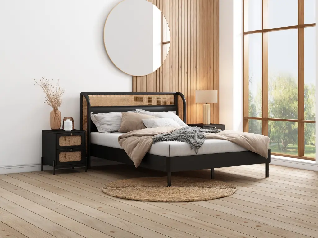 3 Pieces Modern Cannage Rattan Platform Queen Bed Nightstands Black bed best