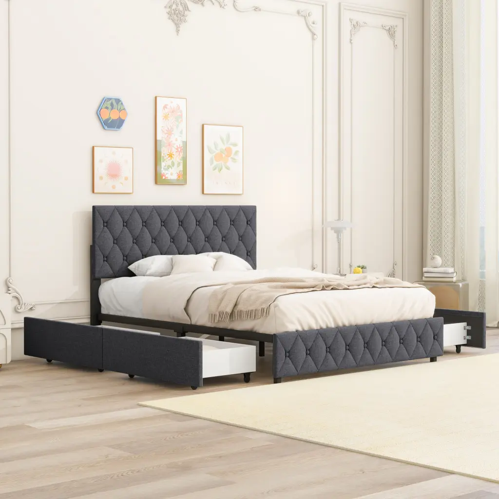 Queen Size Upholstered Platform Bed Frame 4 Storage Drawers Adjustable bedepot