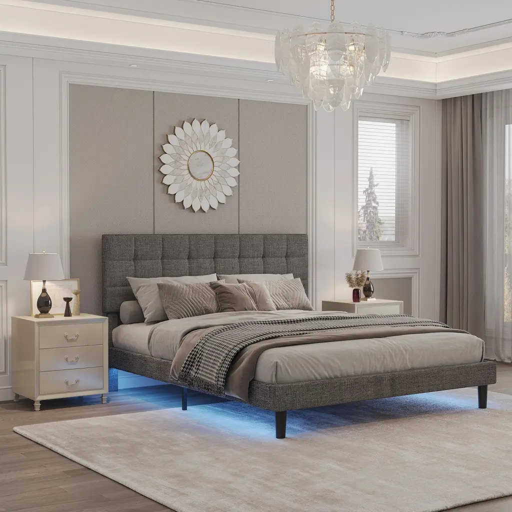 Queen Size Upholstered Platform Bed Square Lights Linen Bed Frame first choice products