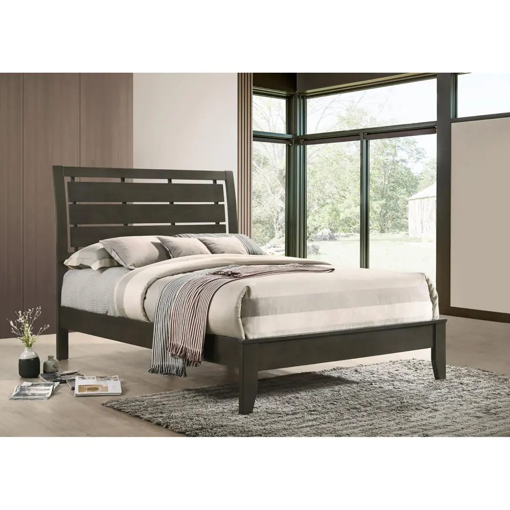 Mod Grey Slat Back Queen Panel Bed Box Spring Required Queen Grey Wood furniture max
