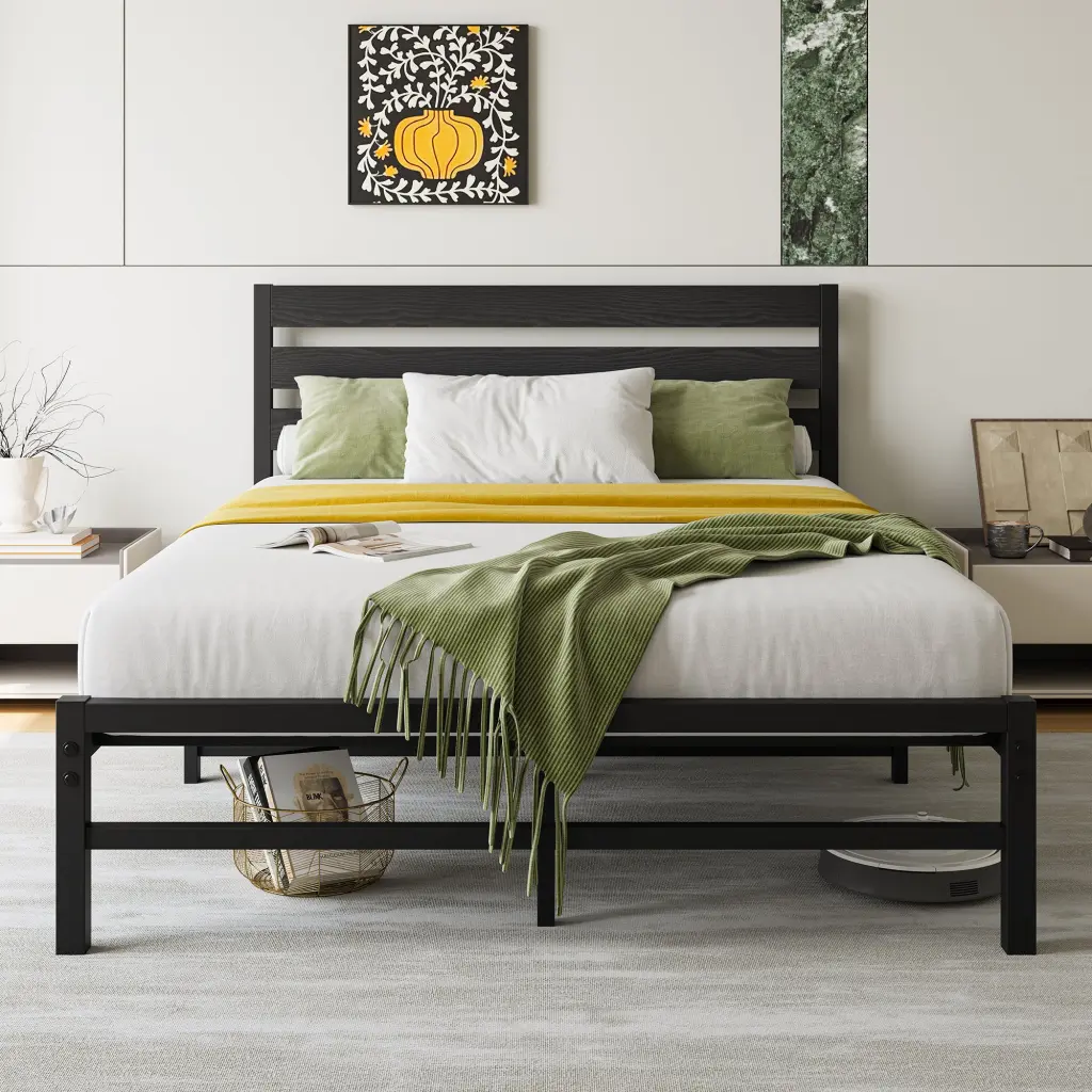 Full Size Platform Bed Frame Rustic Vintage Wood Headboard No Box Spring Needed home furniture