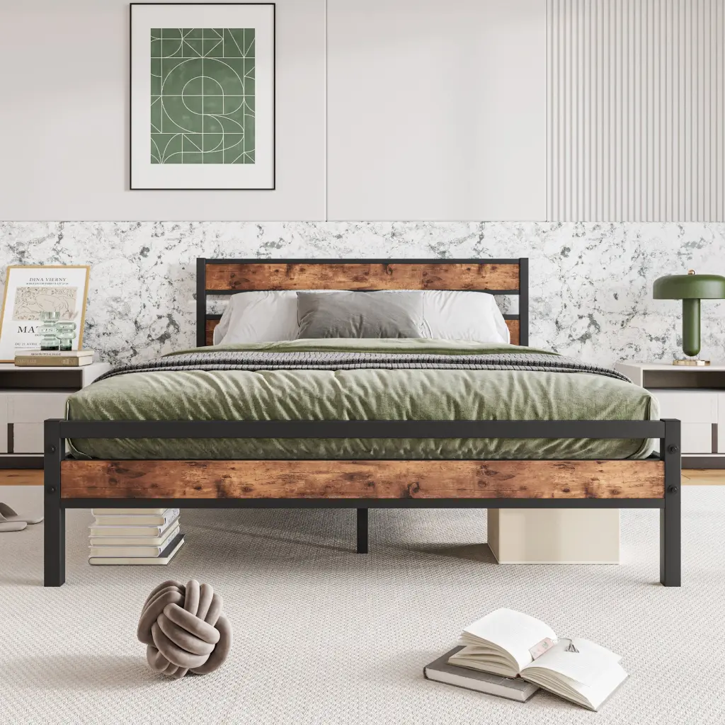 Queen Size Platform Bed Frame Rustic Vintage Wood Headboard - Sturdy Bed Base Storage home furniture