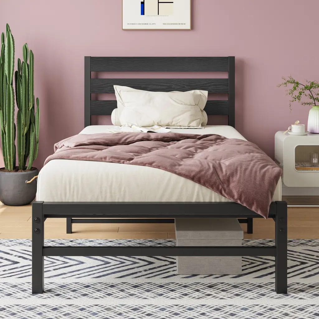 Twin Size Platform Bed Frame Rustic Vintage Wood Headboard No Box Spring Needed home furniture
