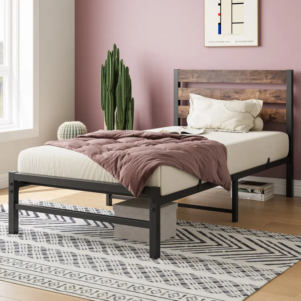 Twin Size Platform Bed Frame Rustic Vintage Wood Headboard Strong Support home furniture
