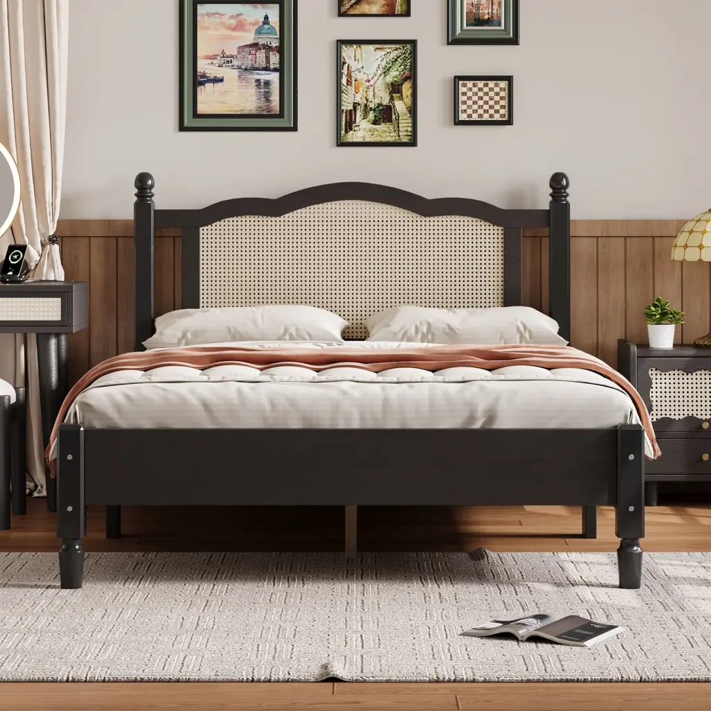 Full Size Wooden Platform Bed Natural Rattan Headboard Vintage homey life