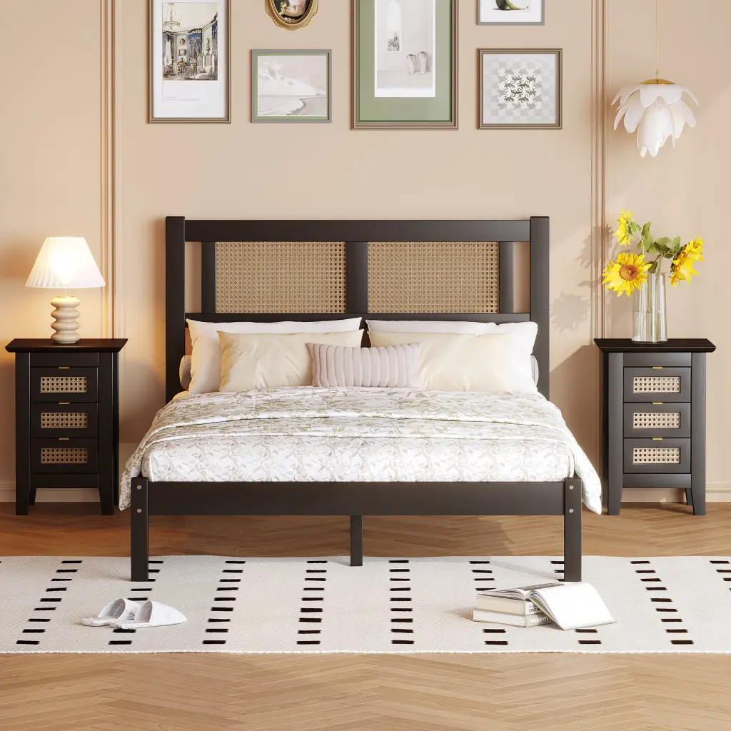 3 Pieces Bedroom Sets Full Size Wooden Platform Bed Natural Rattan Headboard homey life