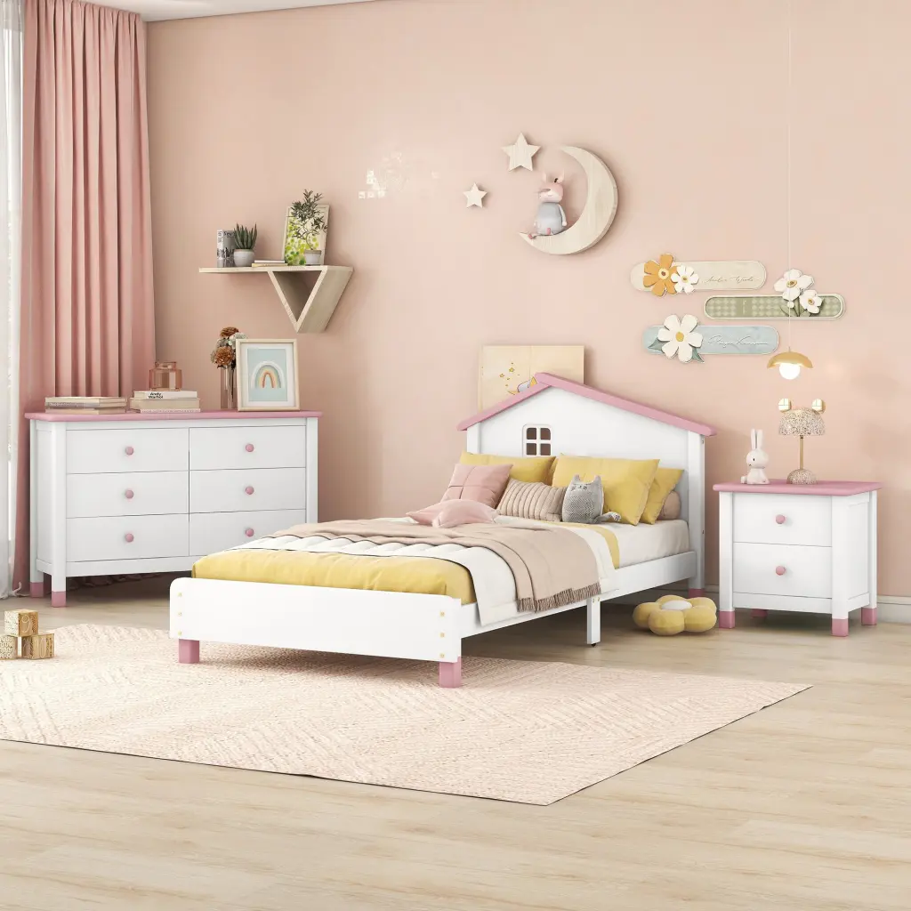 3 Pieces Bedroom Sets Twin Size Platform Bed Nightstand And Storage homey life