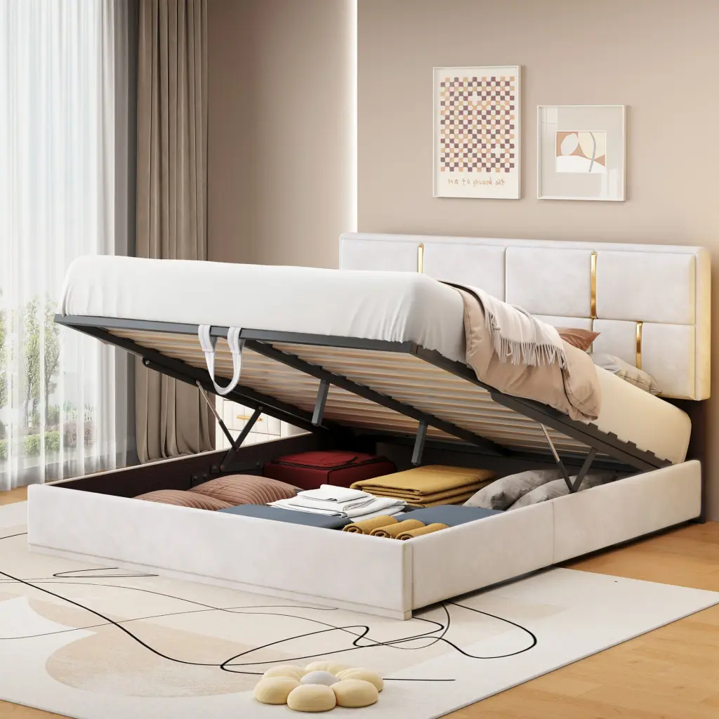 Queen Size Upholstered Platform Bed Hydraulic Storage System No Box Spring Needed homey life