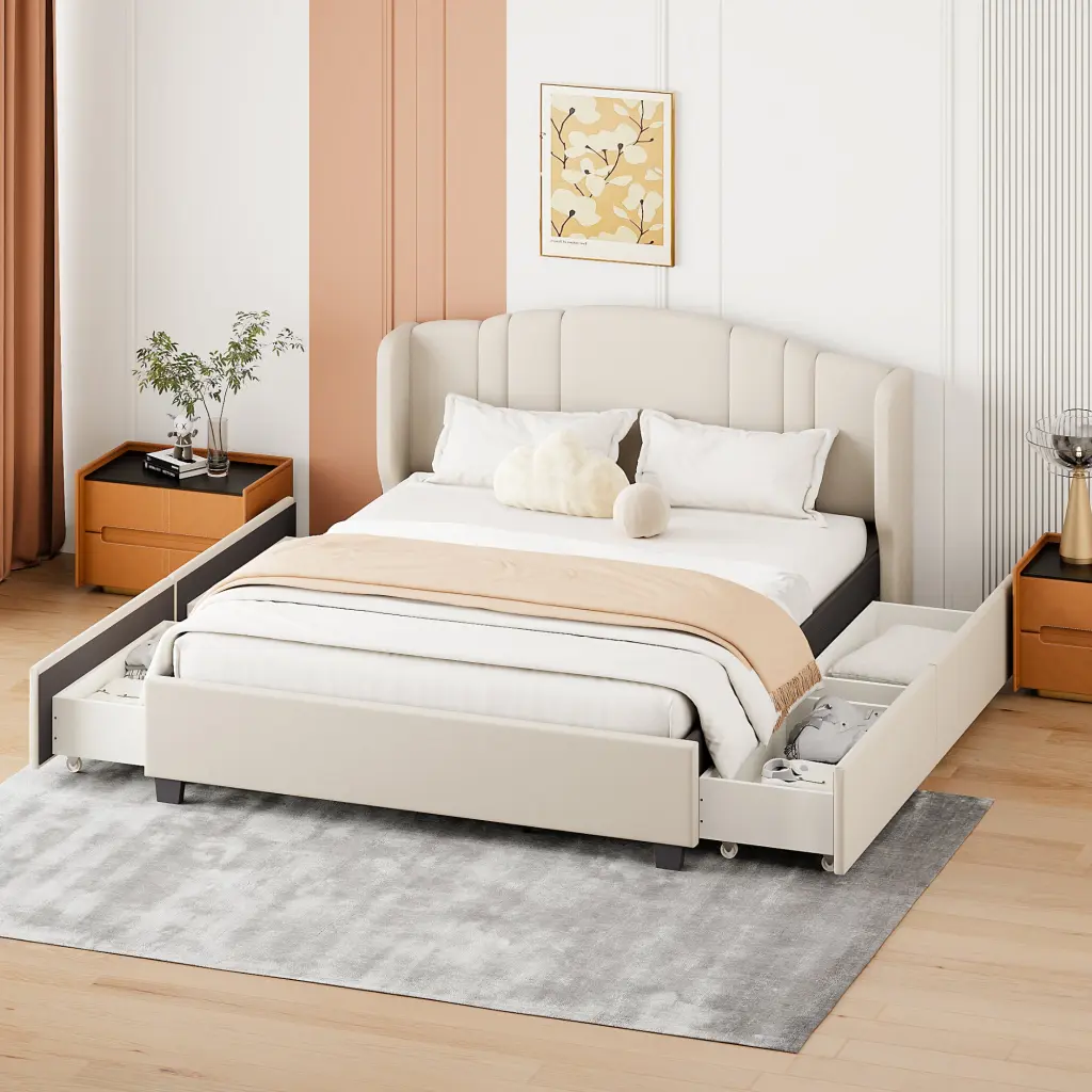 Upholstered Platform Bed Wingback Headboard and 4 Drawers homey life