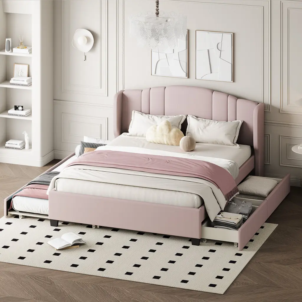 Upholstered Platform Bed Wingsupport Headboard Twin Trundle homey life