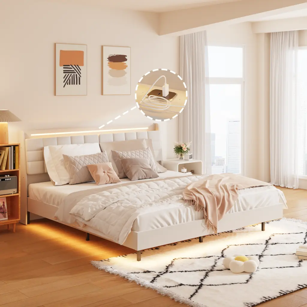 Queen Floating Bed Frame LED Light And Charging Station Upholstered Modern Platform Bed jhomier furniture