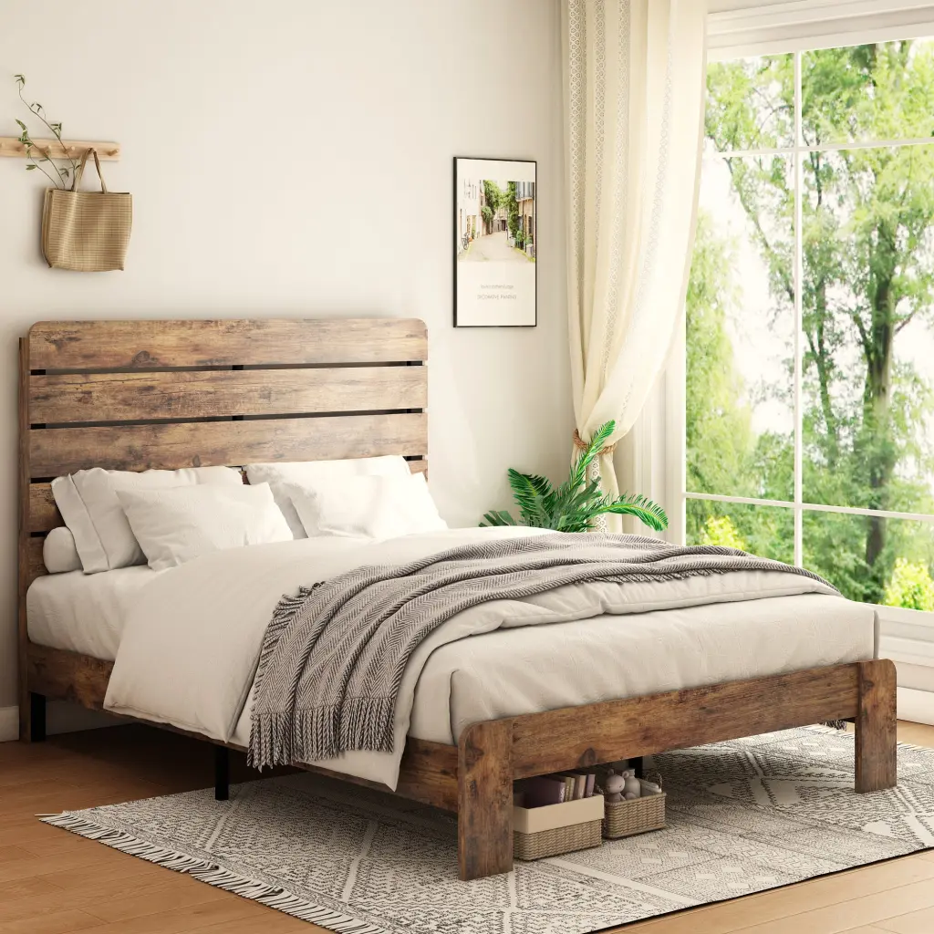 Queen Size Wood Platform Bed Frame Noise Free No Box Spring Needed jhomier furniture