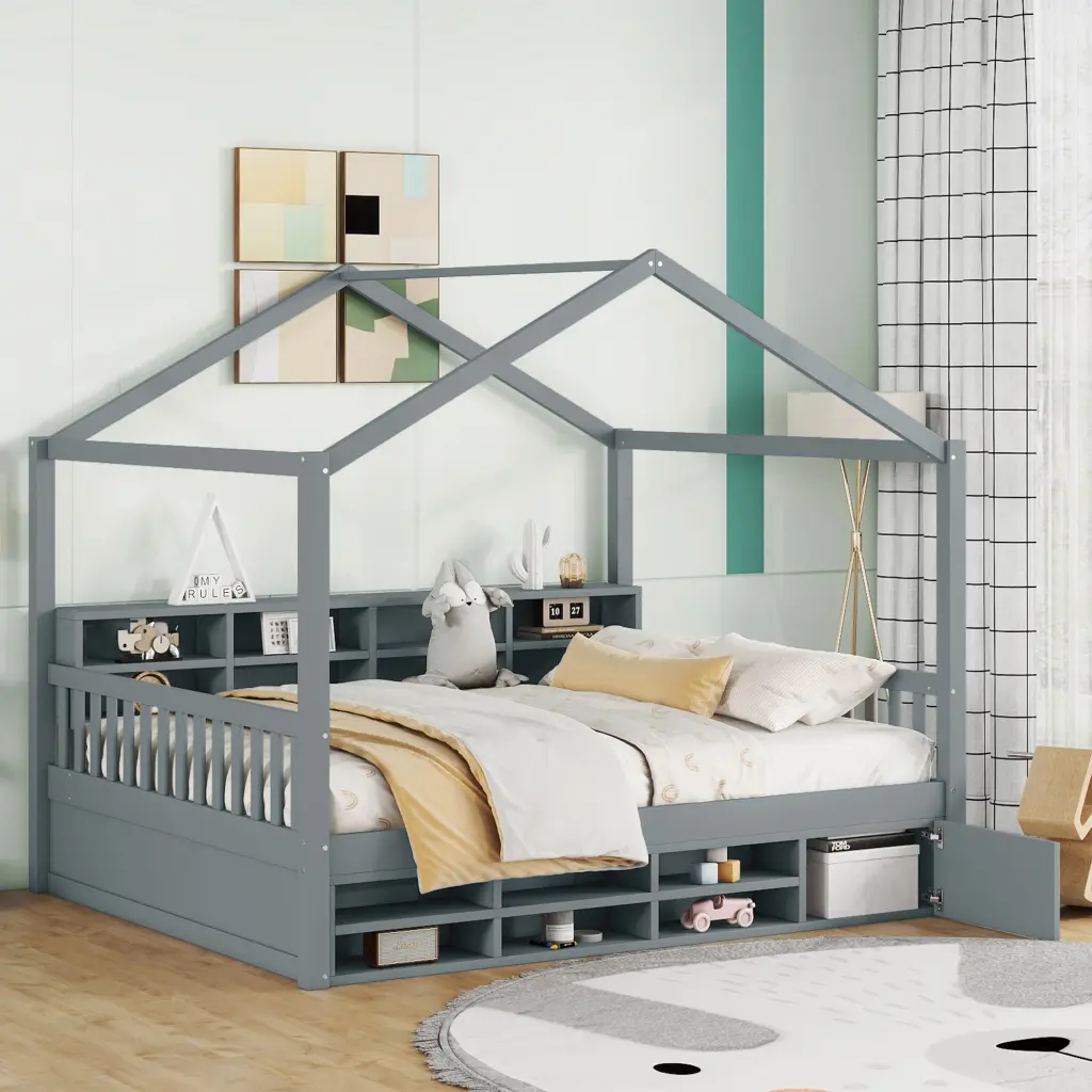 Full Size Houtilize Wooden Bed Shelves Mini Cabinet Gray Box Design lucky furniture