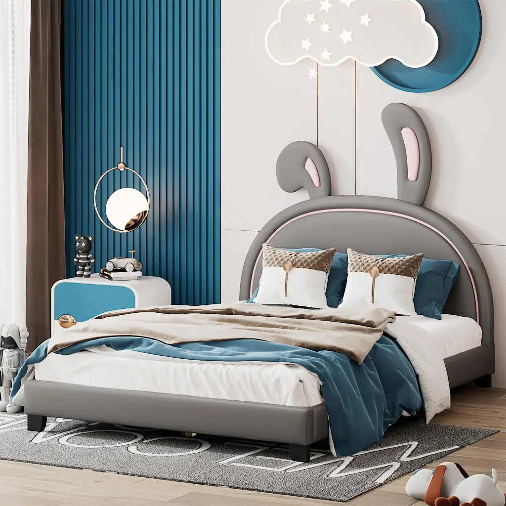 Full Size Upholstered Leather Platform Bed Rabbit Ornament Gray lucky furniture