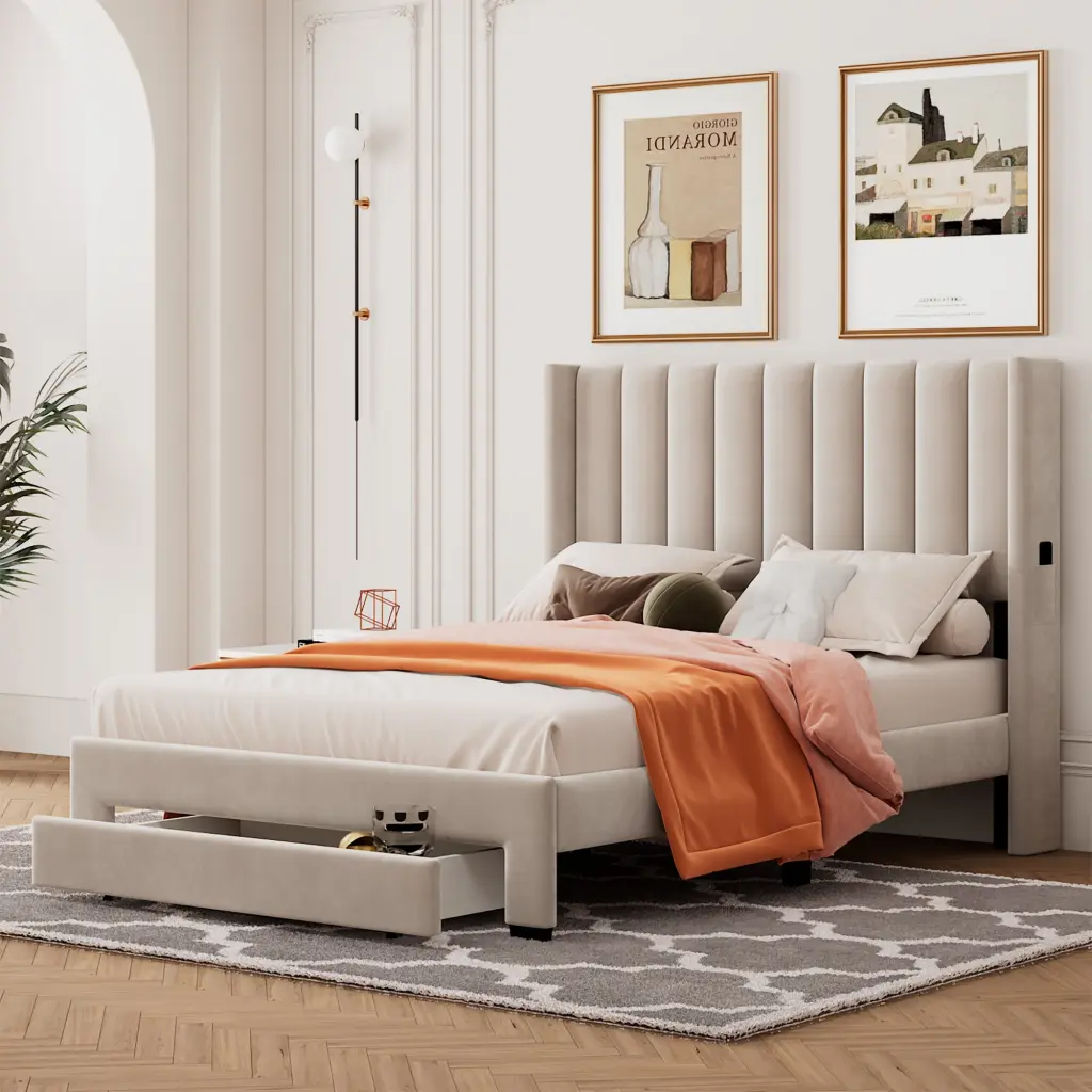Full Size Velvet Upholstered Storage Bed Large Drawer lucky furniture
