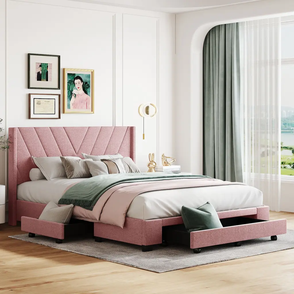 Queen Size Storage Bed Linen Upholstered Platform Bed 3 Drawers Bedroom lucky furniture