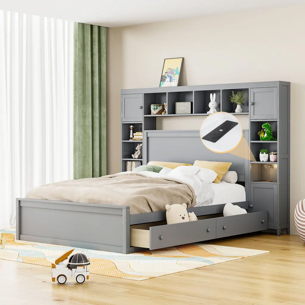 Queen Size Wooden Bed All One Cabinet Shelf and Sockets Gray lucky furniture