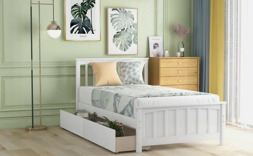 Twin Size Platform Bed Two Drawers White Solid Wood Bed Frame lucky furniture