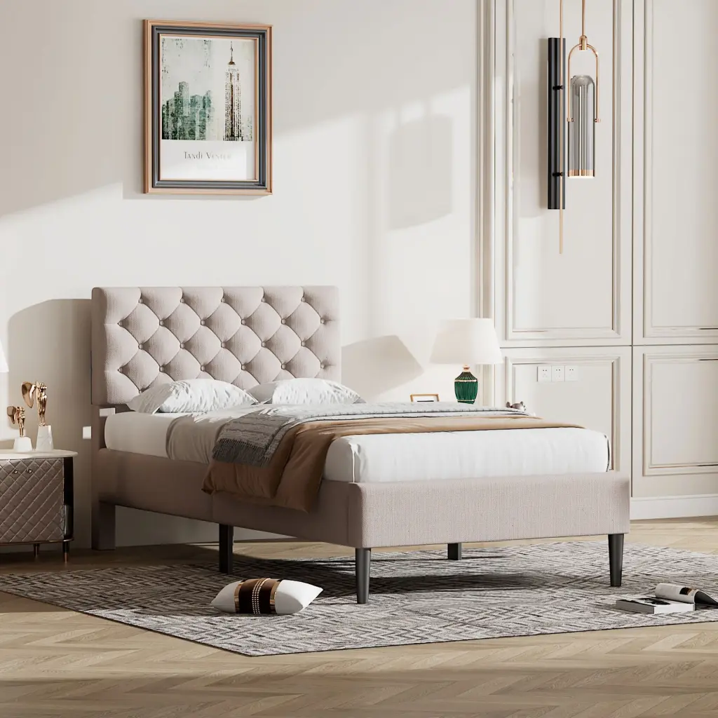 Twin Size Upholstered Linen Platform Bed Beige lucky furniture