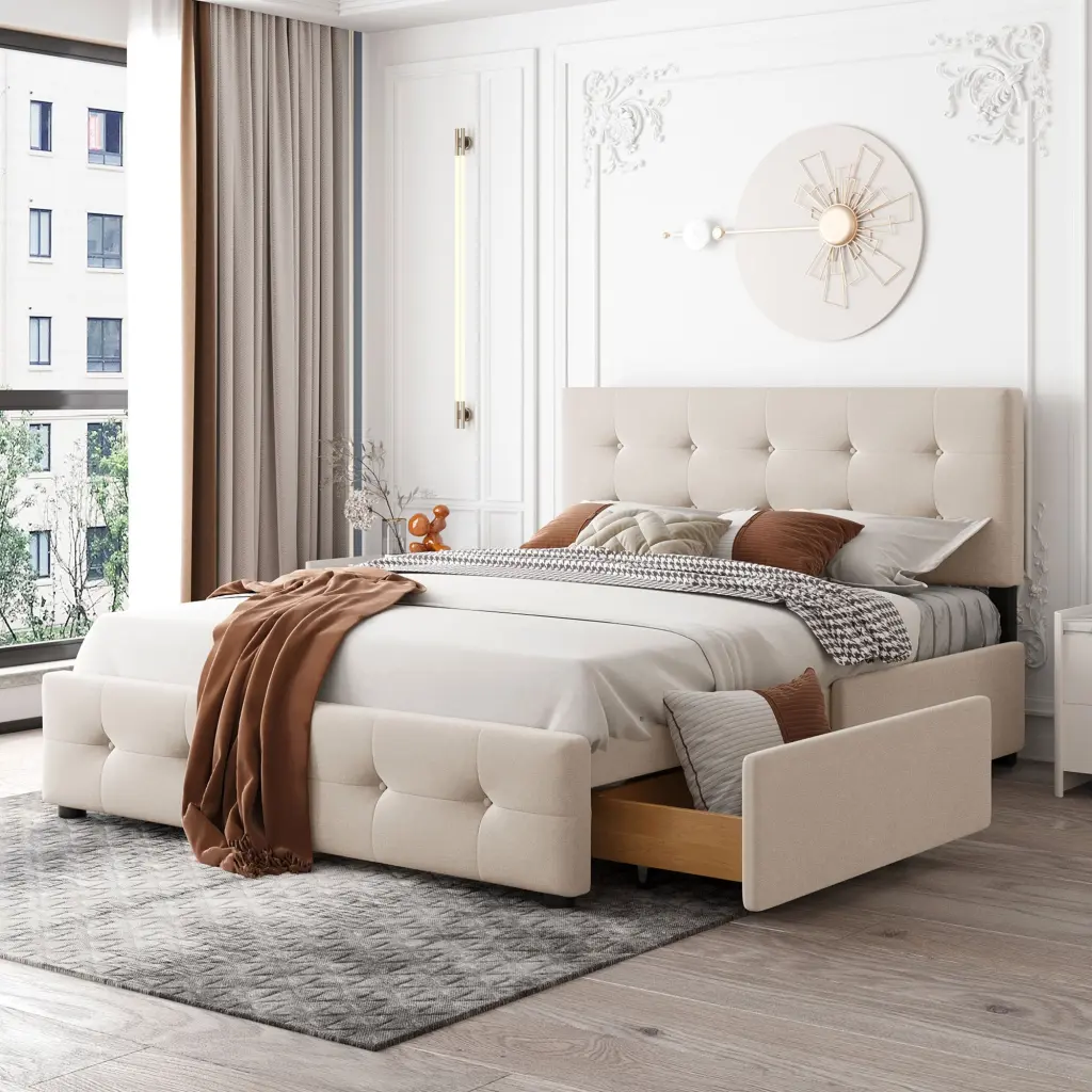 Upholstered Platform Bed Timeless Headboard And 4 Drawers No Box Spring lucky furniture