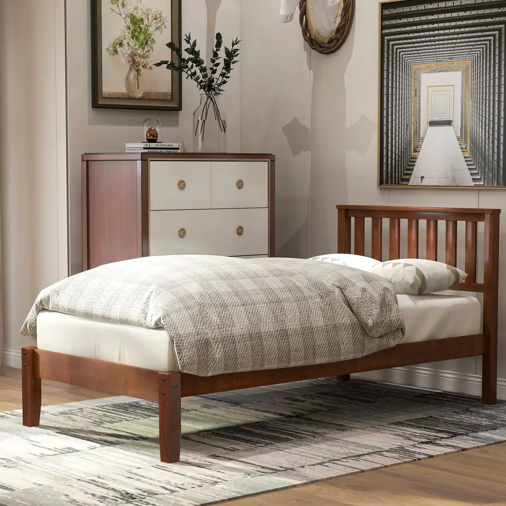 Wood Platform Bed Headboard & Wood Slats, Twin Size Walnut Finish Solid Wood Bed Frame lucky furniture