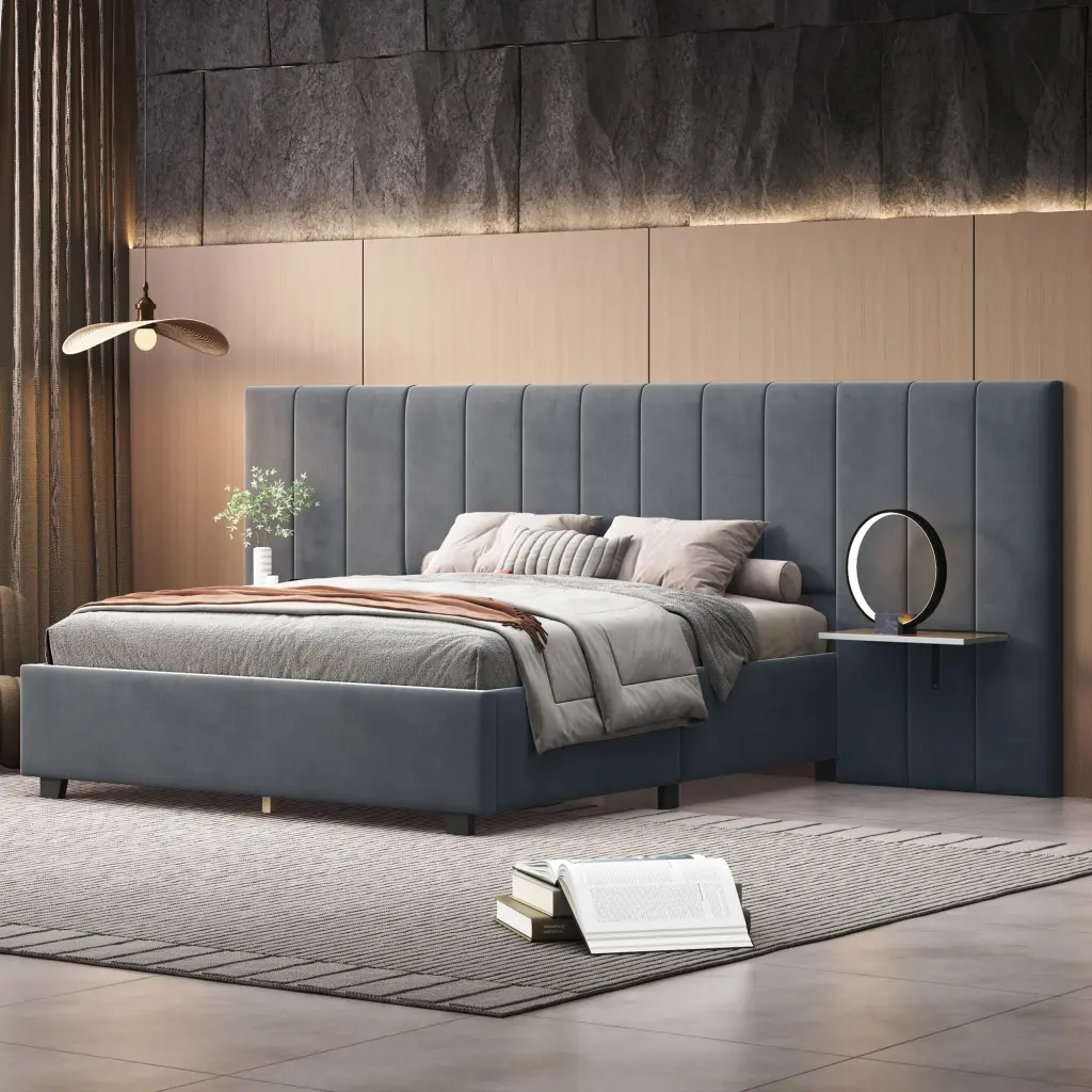 Full Size Upholstered Platform Bed Big Headboard Bedroom Furniture lucky world