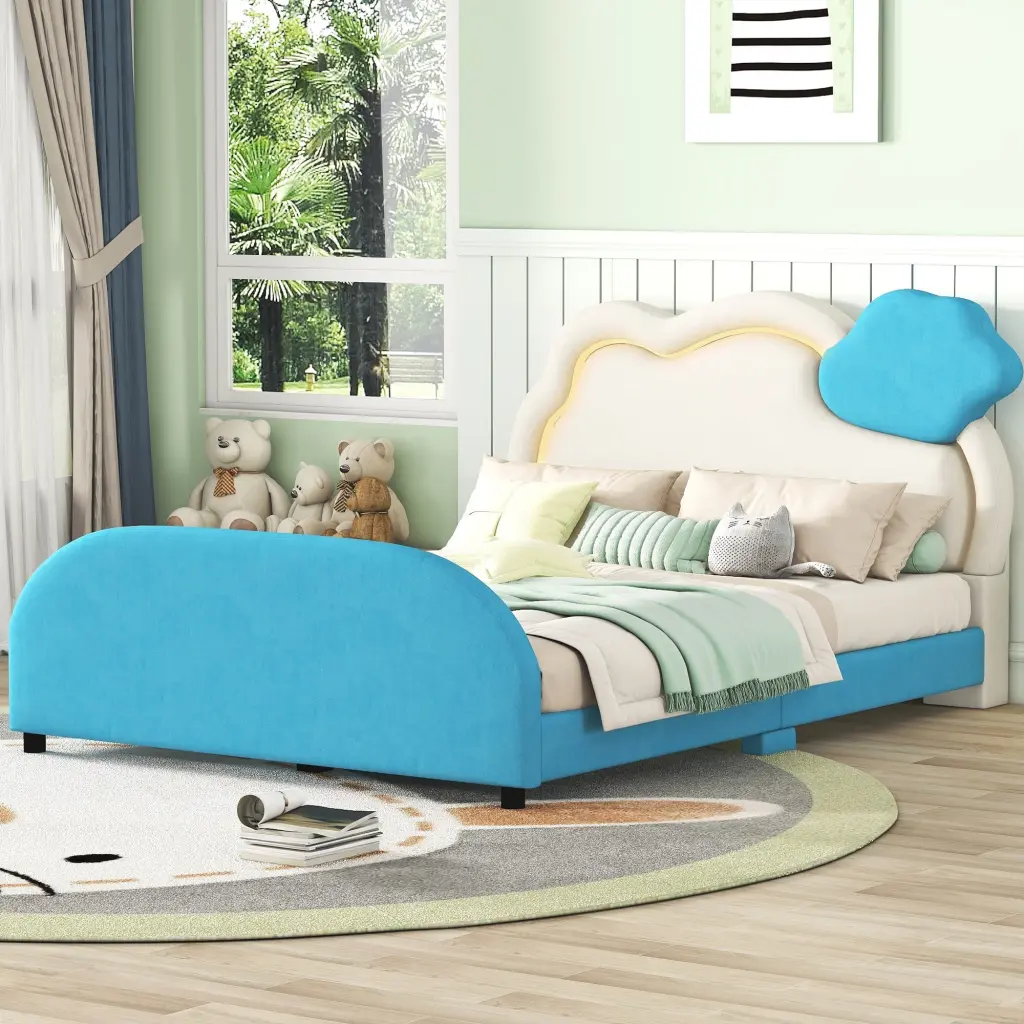 Full Size Upholstered Platform Bed Cloud Influenced Headboard and Embroidered Design lucky world