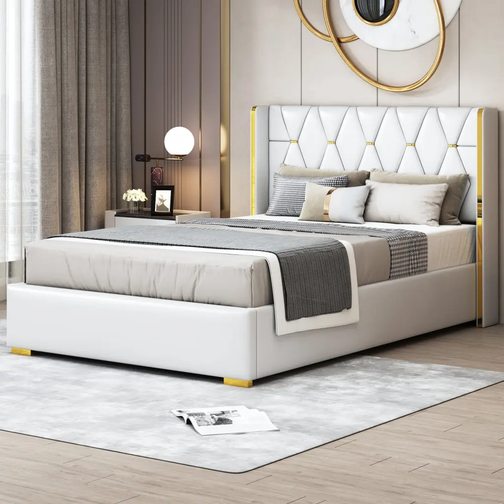 Full Size Upholstered Platform Bed Metal Strips Off White lucky world