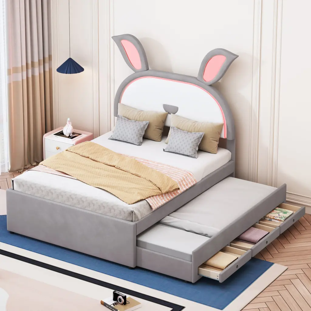 Full Size Upholstered Platform Bed Trundle And 3 Drawers Rabbit lucky world