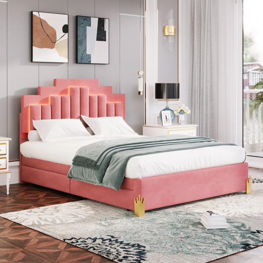 Queen Size Upholstered Platform Bed LED Lights And 4 Drawers Stylish Modern Bedroom Furniture lucky world
