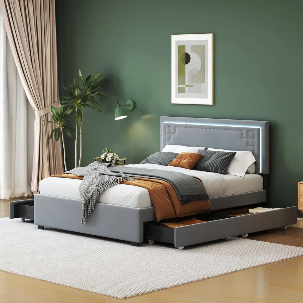 Queen Size Upholstered Platform Bed Rivet Decorated Headboard lucky world