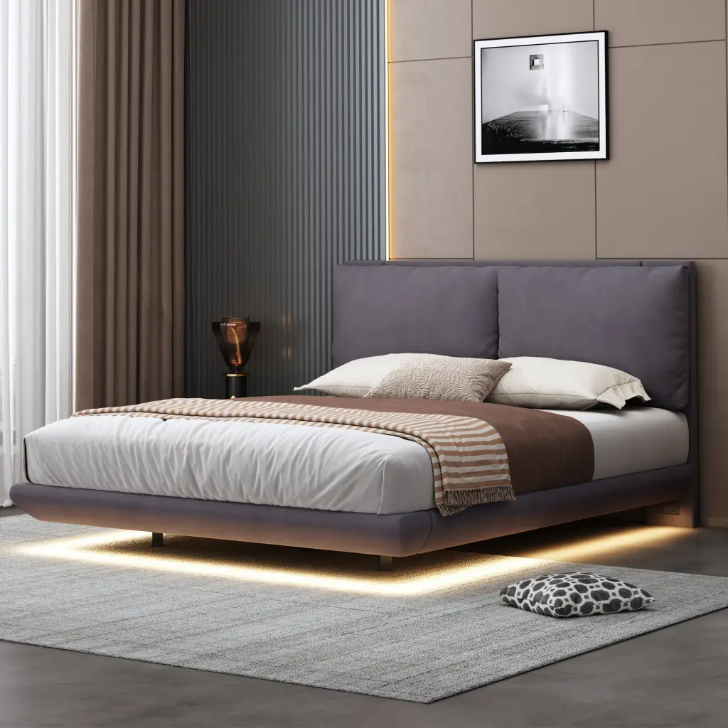 Queen Size Upholstered Platform Bed Sensor Light and Storage lucky world