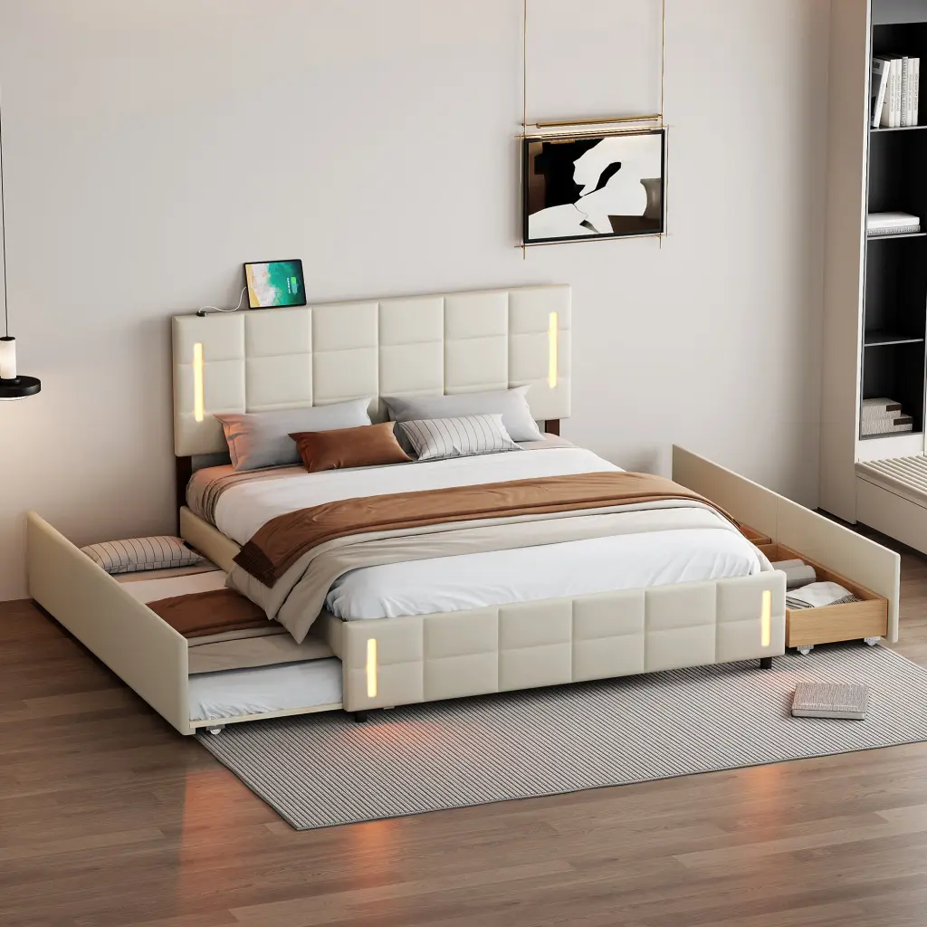 Queen Size Upholstered Platform Bed Trundle and Drawers Beige lucky world