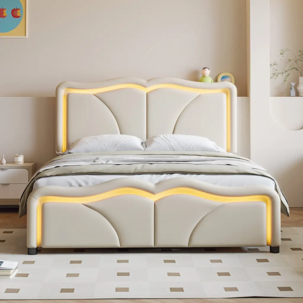 Full Size Upholstered Platform Bed Curve Design Height Adjustable wm dreamland
