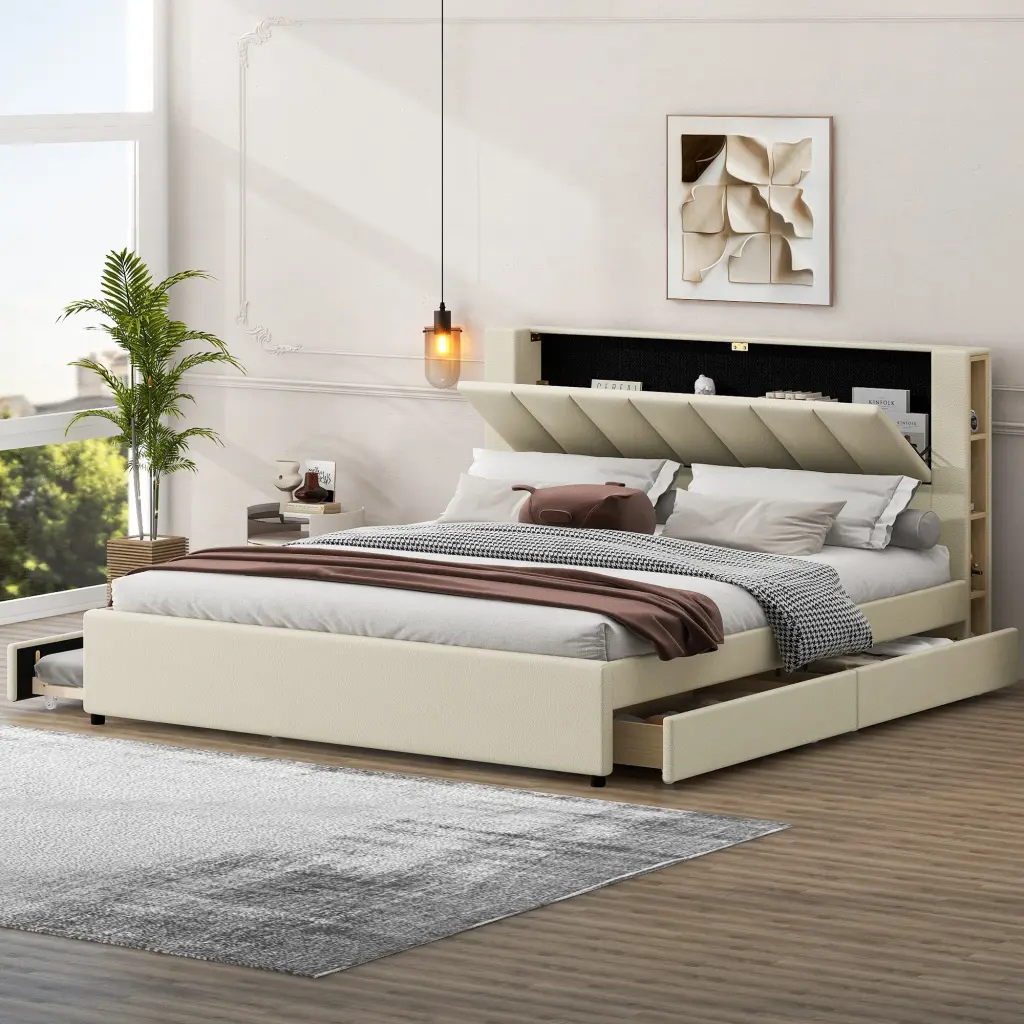 King Size Upholstery Platform Bed Storage Headboard 2 Drawers wm dreamland