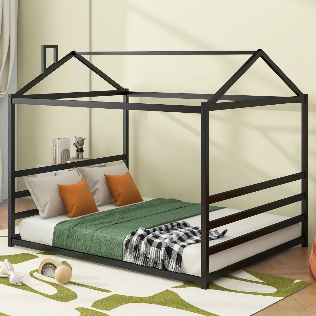 Metal Houtilize Influence Platform Bed Black Queen Size Modern Bedroom Furniture wm dreamland